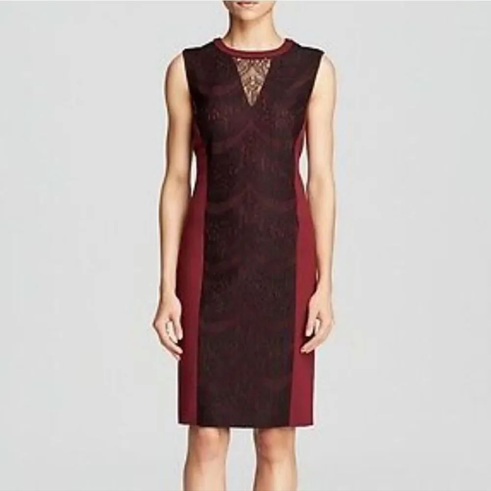 Magaschoni Bonded Lace Panel Overlay Elegant Burgundy Sheath Dress